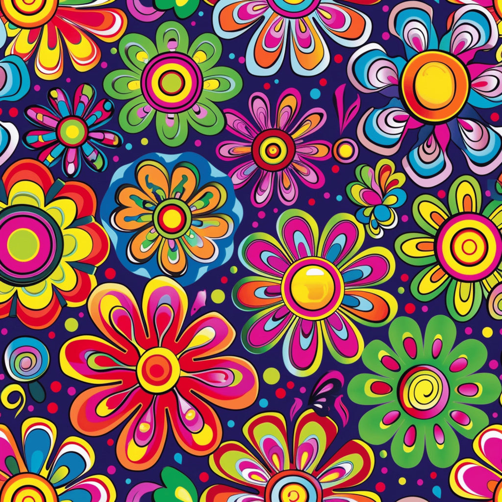 rainbow colors, hippie flowers, psychedelic pattern, bright pink, electric blue, lime green, orange petals, yellow centers, groovy design, retro style, flower power, vibrant floral,, fabric panel, 1960s inspired, bohemian motif, colorful blooms, mod flowers, peace era, tie-dye aesthetic