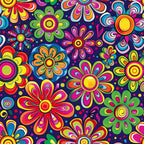 rainbow colors, hippie flowers, psychedelic pattern, bright pink, electric blue, lime green, orange petals, yellow centers, groovy design, retro style, flower power, vibrant floral,, fabric panel, 1960s inspired, bohemian motif, colorful blooms, mod flowers, peace era, tie-dye aesthetic