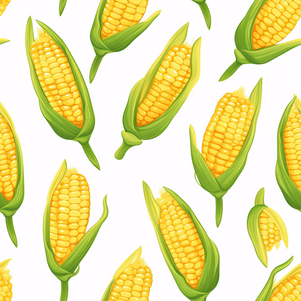 sweet corn, yellow kernels, green husks, corn cobs, vegetable pattern, seamless repeat, bright yellow, lime green, food illustration, harvest theme, farm fresh,, fabric panel, corn stalks, agricultural motif, summer produce, realistic style, kitchen theme, garden vegetables, cooking motif