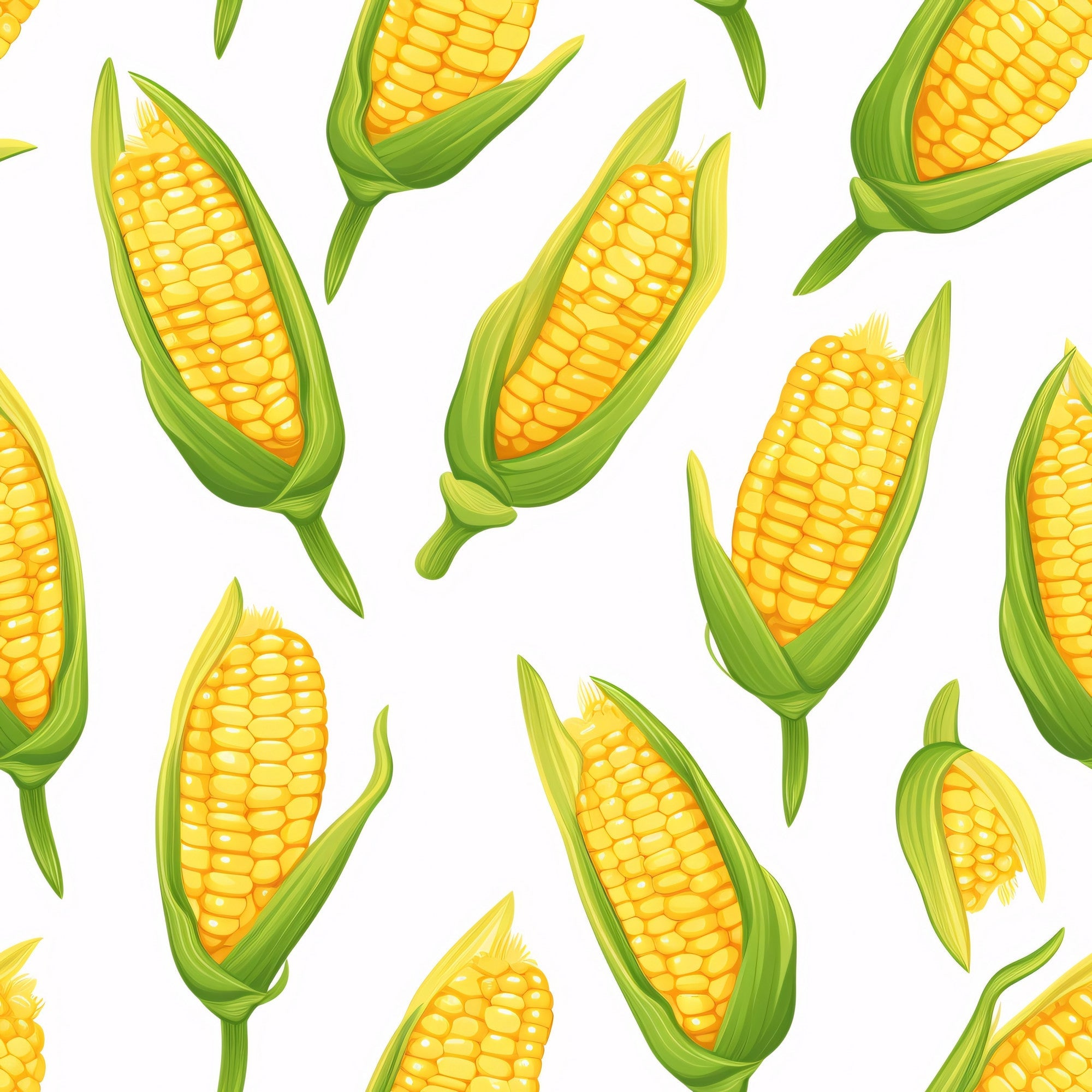 sweet corn, yellow kernels, green husks, corn cobs, vegetable pattern, seamless repeat, bright yellow, lime green, food illustration, harvest theme, farm fresh,, fabric panel, corn stalks, agricultural motif, summer produce, realistic style, kitchen theme, garden vegetables, cooking motif