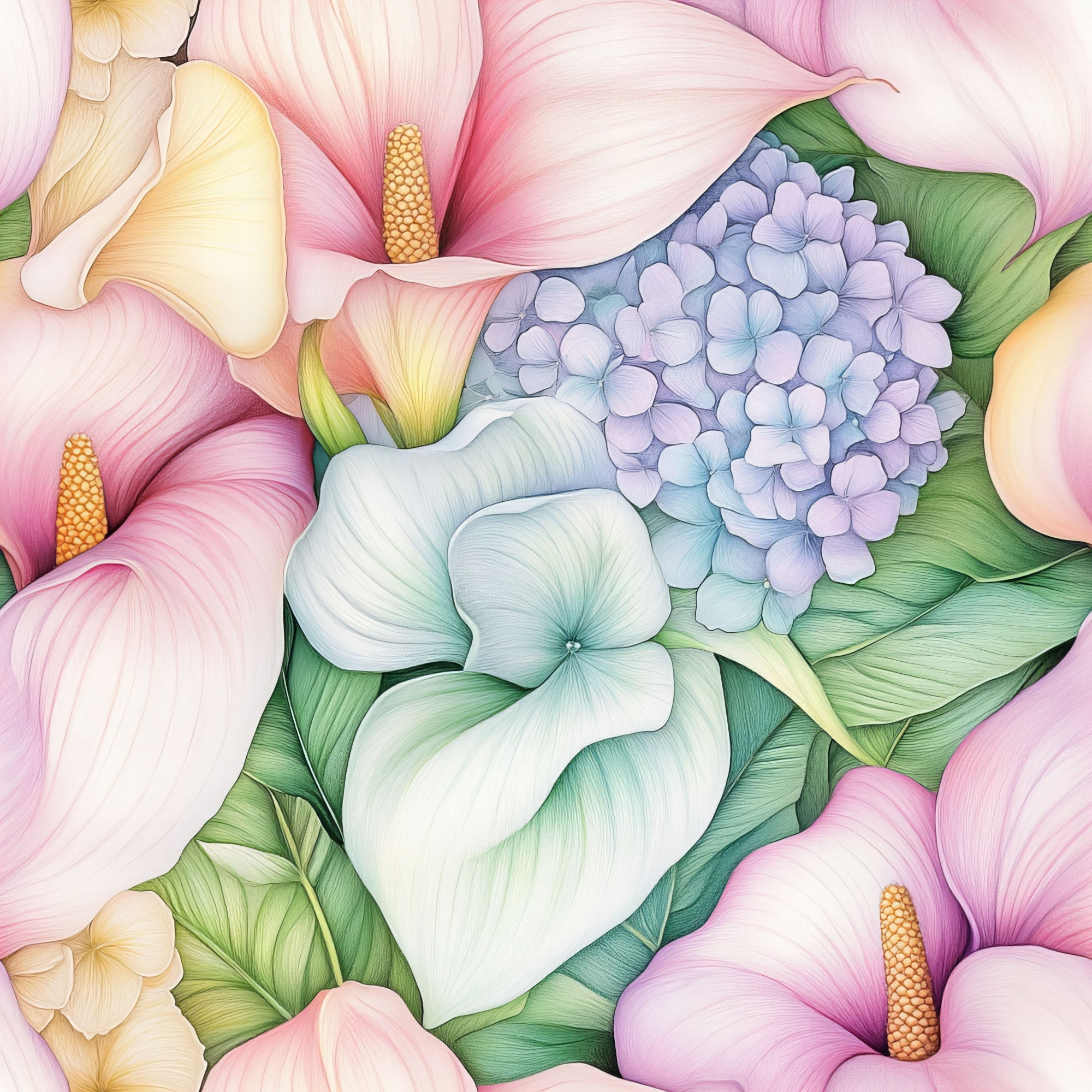 pastel pink, soft purple, pale yellow, mint green, lavender blue, calla lilies, hydrangeas, tropical flowers, botanical design, floral pattern, watercolor style, delicate petals,, fabric panel, spring blooms, feminine florals, garden flowers, soft pastels, nature motifs, blooming arrangement