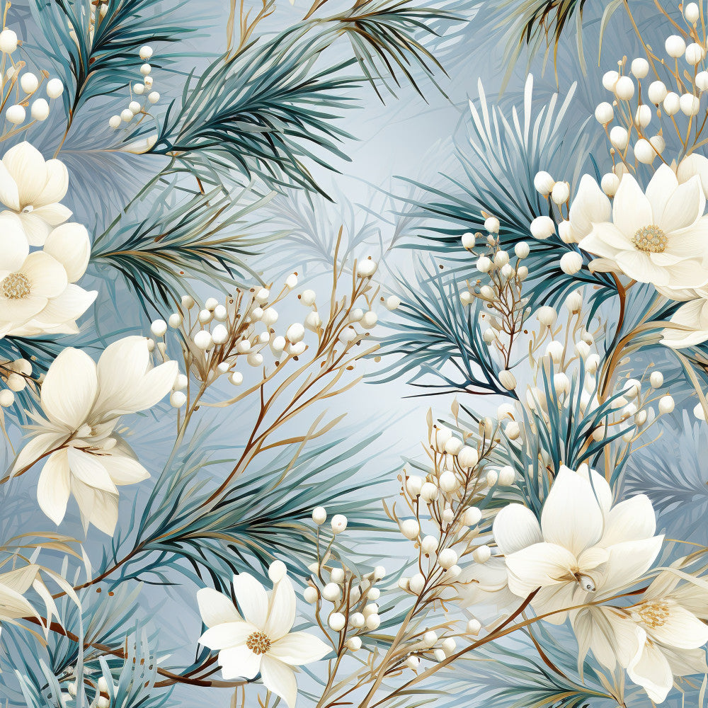 soft blue, cream white, ivory, teal, sage green, forest green, white flowers, floral pattern, botanical, nature, elegant, modern, romantic, delicate, berries, small white berries, feathery leaves, palm fronds, graceful, feminine, spring, summer, nursery, baby room, kids decor, home decor, peaceful, serene, soft neutral