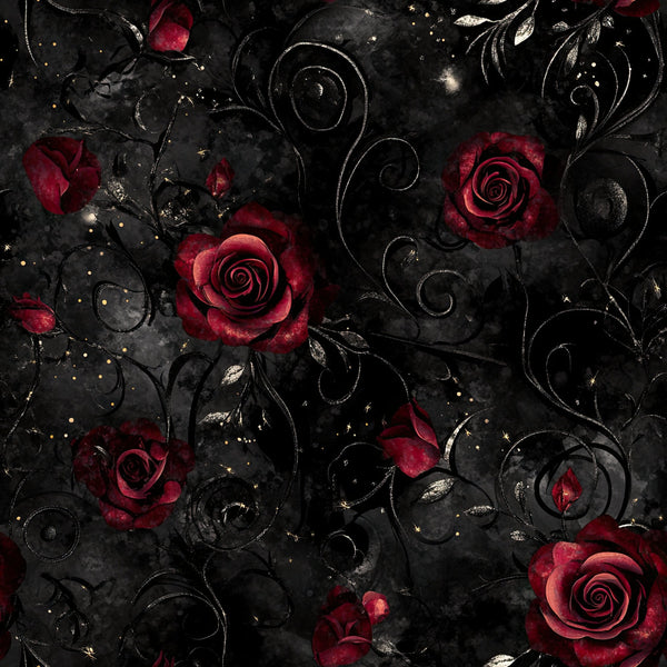 deep red roses, black background, gold accents, burgundy floral, dark romantic, elegant gothic, luxury design, ornamental scrolls, rose motifs, vintage elegance, sophisticated pattern, deep red blooms, black and gold, formal style, damask inspired, metallic details, moody aesthetic, dark floral, rich jewel tones, dramatic design, special occasion, wedding theme, romantic style, evening elegance, intricate details, dimensional roses, luxe home décor, premium aesthetic