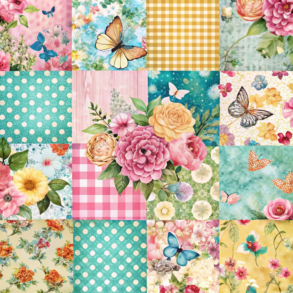 spring patchwork,, fabric panel, floral motifs, butterflies, polka dots, gingham check, pink roses, teal blue, coral pink, yellow accents, green leaves, cottage core, feminine design, mixed patterns, botanical elements, pastel colors, craft fabric, sewing material, square blocks