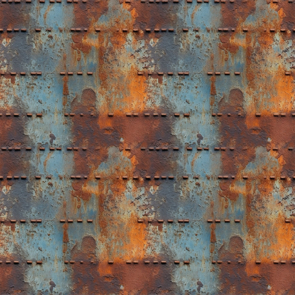 rust orange, steel blue, weathered metal, industrial texture, oxidized surface, riveted panels, distressed finish, grunge pattern, metallic patina, corroded steel, vintage machinery, aged iron,, fabric panel, steampunk aesthetic, urban decay, textural design, copper accents, blue-gray tones
