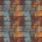 rust orange, steel blue, weathered metal, industrial texture, oxidized surface, riveted panels, distressed finish, grunge pattern, metallic patina, corroded steel, vintage machinery, aged iron,, fabric panel, steampunk aesthetic, urban decay, textural design, copper accents, blue-gray tones