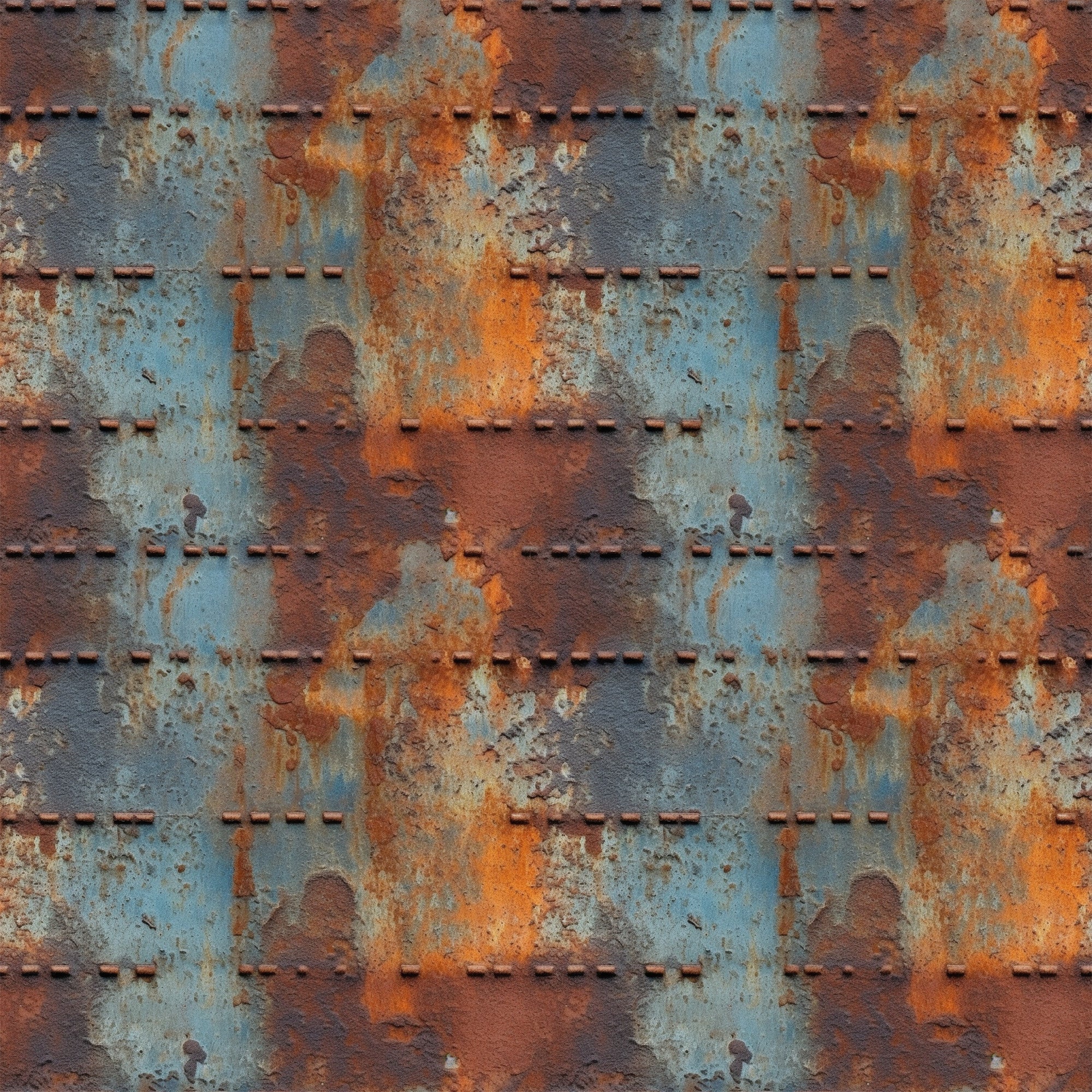 rust orange, steel blue, weathered metal, industrial texture, oxidized surface, riveted panels, distressed finish, grunge pattern, metallic patina, corroded steel, vintage machinery, aged iron,, fabric panel, steampunk aesthetic, urban decay, textural design, copper accents, blue-gray tones