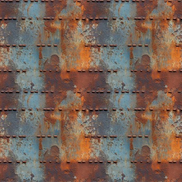 rust orange, steel blue, weathered metal, industrial texture, oxidized surface, riveted panels, distressed finish, grunge pattern, metallic patina, corroded steel, vintage machinery, aged iron,, fabric panel, steampunk aesthetic, urban decay, textural design, copper accents, blue-gray tones