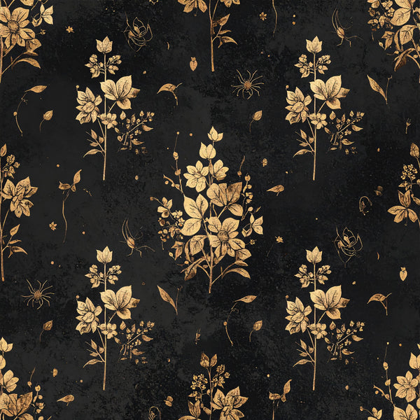 black background, gold, cream, botanical, floral, nature, vintage, elegant, gothic, dark academia, celestial, spiders, insects, delicate flowers, leaves, herbs, timeless, sophisticated, moody, witchy, autumn, fall, ornamental, engraved, classical, traditional, botanical illustration, mystical, dark romantic