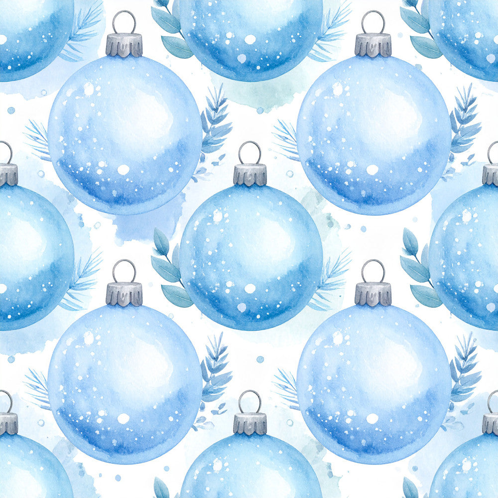 ice blue, light blue, powder blue, silver, white, watercolor, winter, christmas, holiday, ornaments, baubles, spheres, sparkly, glitter, shimmering, evergreen branches, pine needles, festive, elegant, whimsical, snowy, frosty, metallic accents, decorative, seasonal, celebration, modern, contemporary, soft, dreamy