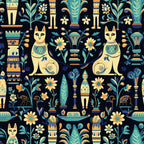navy blue, turquoise, teal, cream, golden yellow, orange, egyptian, cats, flowers, sunflowers, lotus flowers, ornamental urns, vases, torches, hieroglyphics, ancient egypt, pharaoh, symmetrical, decorative, geometric, botanical, elegant, luxurious, vintage, ornate, whimsical, celestial, mystical, exotic, bohemian