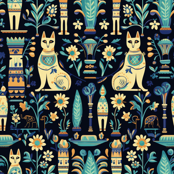 navy blue, turquoise, teal, cream, golden yellow, orange, egyptian, cats, flowers, sunflowers, lotus flowers, ornamental urns, vases, torches, hieroglyphics, ancient egypt, pharaoh, symmetrical, decorative, geometric, botanical, elegant, luxurious, vintage, ornate, whimsical, celestial, mystical, exotic, bohemian