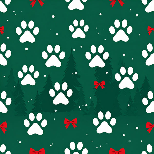 forest green, white, red, paw prints, holiday, christmas, festive, winter, evergreen trees, red bows, snowflakes, pet themed, dog lover, cat lover, animal prints, whimsical, playful, kids, children, nursery, playroom, pet nursery, cute, cheerful, nature inspired, woodland, seasonal, gift