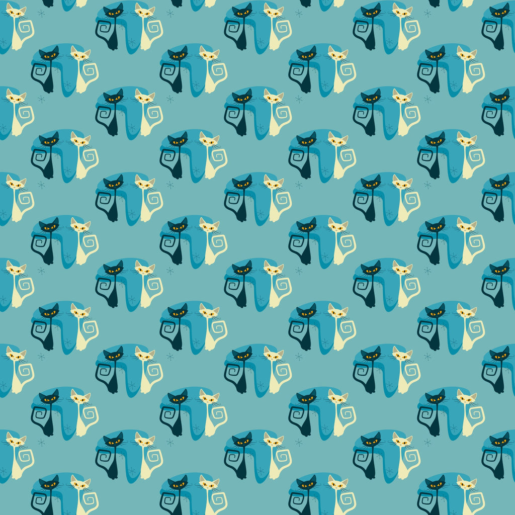 teal, cream, navy blue, atomic cats, mid-century modern, geometric spirals, stylized felines, retro design,, fabric panel, repeating pattern, minimalist cats, vintage inspired, turquoise background, abstract cat silhouettes, decorative swirls, atomic age style, coordinating colors, crafting material, sewing fabric