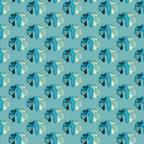 teal, cream, navy blue, atomic cats, mid-century modern, geometric spirals, stylized felines, retro design,, fabric panel, repeating pattern, minimalist cats, vintage inspired, turquoise background, abstract cat silhouettes, decorative swirls, atomic age style, coordinating colors, crafting material, sewing fabric