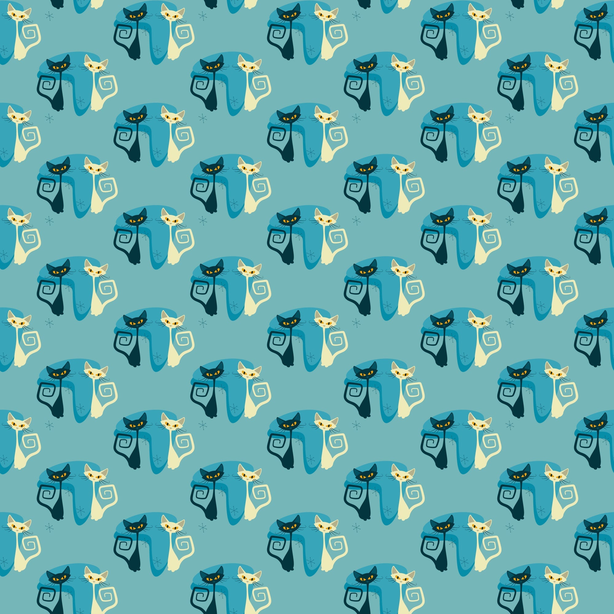 teal, cream, navy blue, atomic cats, mid-century modern, geometric spirals, stylized felines, retro design,, fabric panel, repeating pattern, minimalist cats, vintage inspired, turquoise background, abstract cat silhouettes, decorative swirls, atomic age style, coordinating colors, crafting material, sewing fabric
