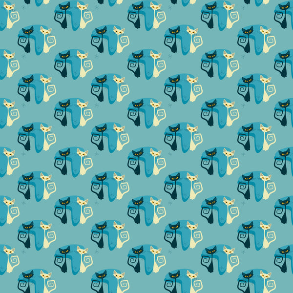 teal, cream, navy blue, atomic cats, mid-century modern, geometric spirals, stylized felines, retro design,, fabric panel, repeating pattern, minimalist cats, vintage inspired, turquoise background, abstract cat silhouettes, decorative swirls, atomic age style, coordinating colors, crafting material, sewing fabric
