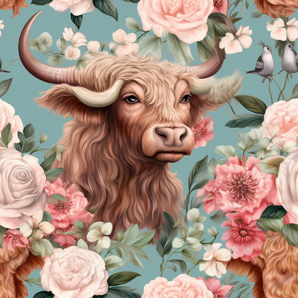 highland cow, floral pattern, vintage style,, fabric panel, dusty blue, blush pink, coral flowers, roses, botanical design, pastoral theme, country style, soft colors, decorative birds, whimsical art, cottage core, farm animals, horned cattle, romantic florals, nature motifs