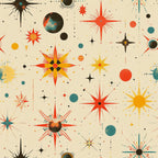 retro starburst, mid-century modern, atomic age, celestial pattern, orange, teal, yellow, black, cream background, geometric stars, planets, cosmic design, space age, vintage style,, fabric panel, starbursts, atomic motifs, 1950s inspired, modernist pattern