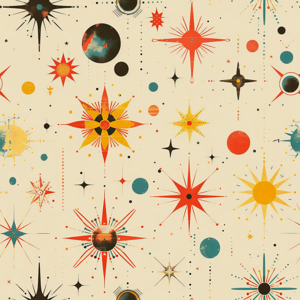 retro starburst, mid-century modern, atomic age, celestial pattern, orange, teal, yellow, black, cream background, geometric stars, planets, cosmic design, space age, vintage style,, fabric panel, starbursts, atomic motifs, 1950s inspired, modernist pattern