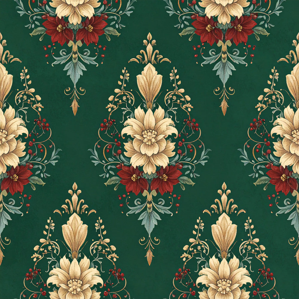 forest green, cream, beige, gold, burgundy red, deep red, teal, damask, floral, vintage, elegant, ornamental, traditional, baroque, victorian, renaissance, scrollwork, botanical, peonies, chrysanthemums, berries, leaves, ornate, luxury, classic, formal, decorative, heirloom, royal
