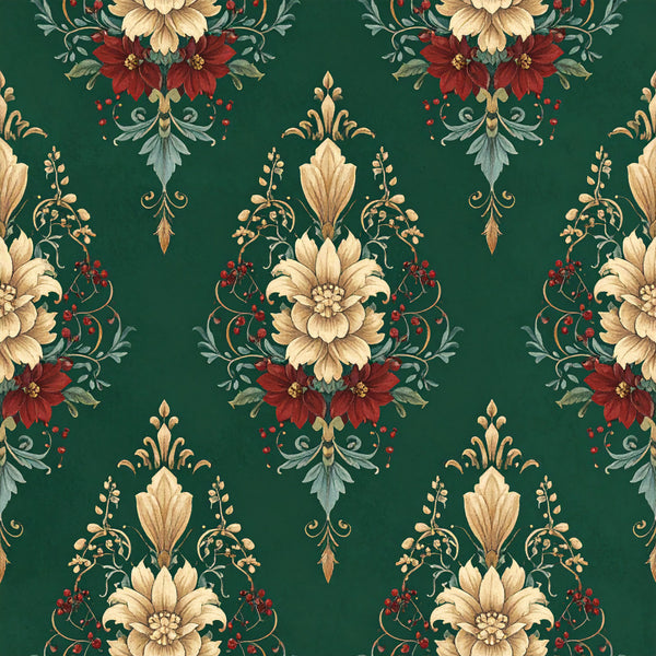 forest green, cream, beige, gold, burgundy red, deep red, teal, damask, floral, vintage, elegant, ornamental, traditional, baroque, victorian, renaissance, scrollwork, botanical, peonies, chrysanthemums, berries, leaves, ornate, luxury, classic, formal, decorative, heirloom, royal