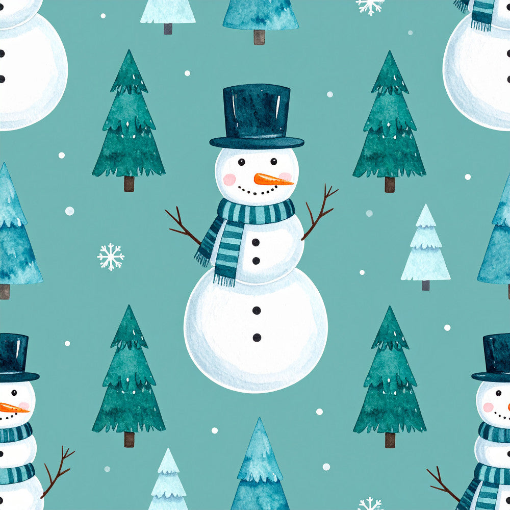 teal blue, turquoise, white, forest green, navy blue, winter, christmas, snowman, evergreen trees, snow, snowflakes, holiday, festive, whimsical, playful, children's, kids room, nursery, top hat, carrot nose, striped scarf, branch arms, winter wonderland, seasonal, cold weather, snow scene, decorative, charming, cheerful, adorable