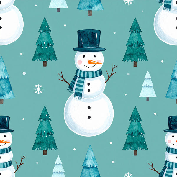 teal blue, turquoise, white, forest green, navy blue, winter, christmas, snowman, evergreen trees, snow, snowflakes, holiday, festive, whimsical, playful, children's, kids room, nursery, top hat, carrot nose, striped scarf, branch arms, winter wonderland, seasonal, cold weather, snow scene, decorative, charming, cheerful, adorable