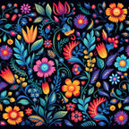 mexican floral, folk art, vibrant flowers, black background, orange blooms, pink petals, blue leaves, purple flowers, turquoise foliage, coral blossoms, decorative swirls, botanical motifs, festive pattern,, fabric panel, bright colors, whimsical florals, ornamental design, cheerful mood, crafting material