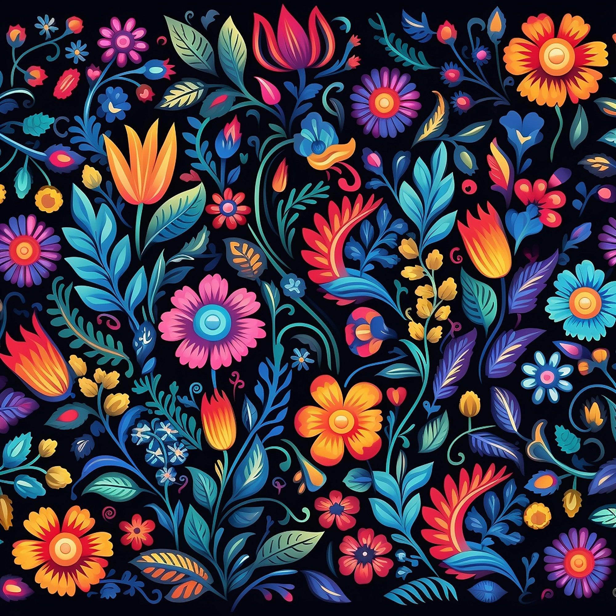 mexican floral, folk art, vibrant flowers, black background, orange blooms, pink petals, blue leaves, purple flowers, turquoise foliage, coral blossoms, decorative swirls, botanical motifs, festive pattern,, fabric panel, bright colors, whimsical florals, ornamental design, cheerful mood, crafting material