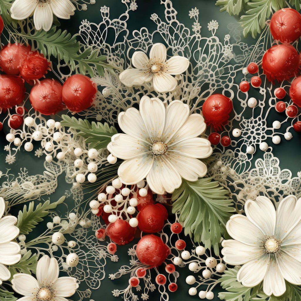 christmas florals,, fabric panel, white flowers, red berries, sage green, cream petals, dark green background, botanical design, holiday pattern, winter blooms, floral arrangement, delicate lace, pearl accents, festive colors, seasonal motif, cotton fabric, quilting material, christmas theme, elegant florals