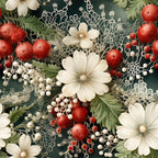 christmas florals,, fabric panel, white flowers, red berries, sage green, cream petals, dark green background, botanical design, holiday pattern, winter blooms, floral arrangement, delicate lace, pearl accents, festive colors, seasonal motif, cotton fabric, quilting material, christmas theme, elegant florals
