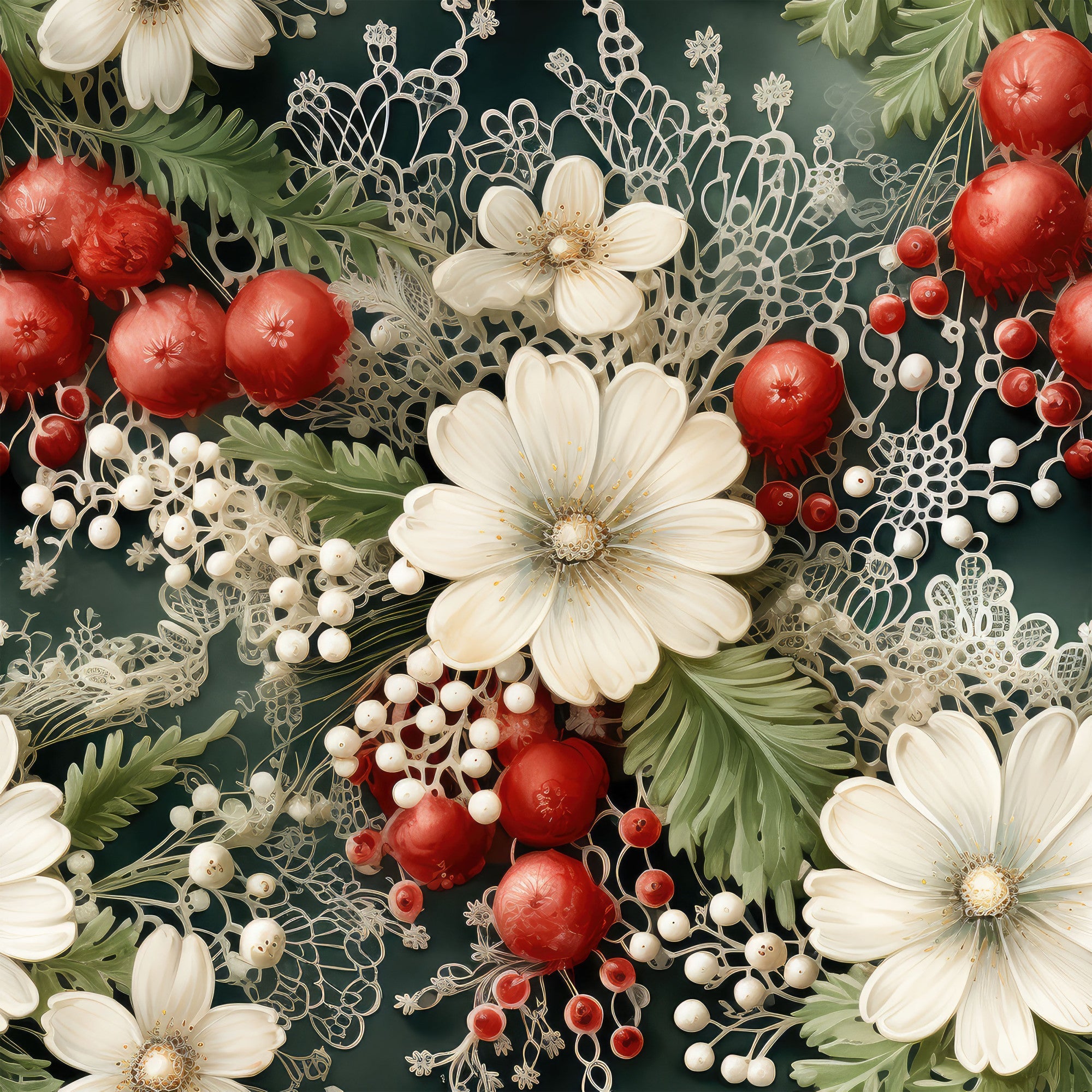 christmas florals,, fabric panel, white flowers, red berries, sage green, cream petals, dark green background, botanical design, holiday pattern, winter blooms, floral arrangement, delicate lace, pearl accents, festive colors, seasonal motif, cotton fabric, quilting material, christmas theme, elegant florals