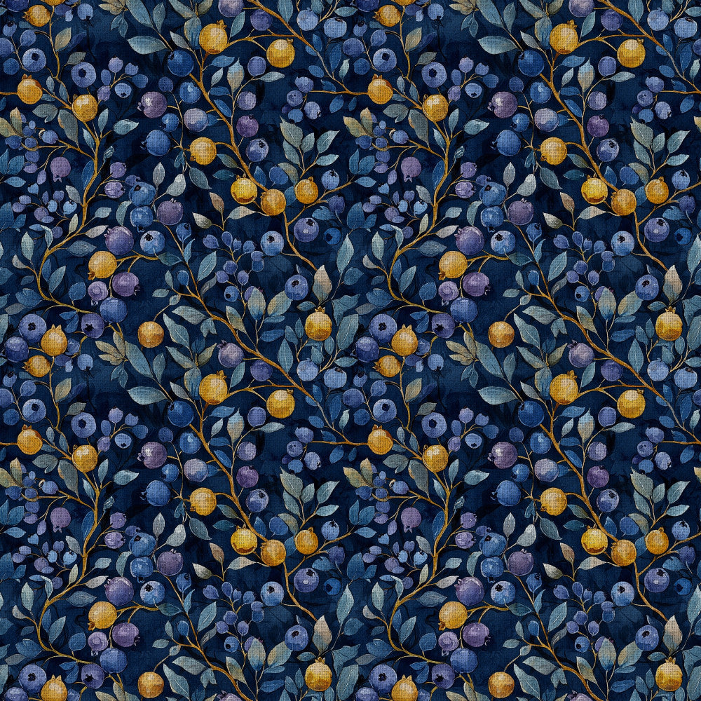 navy blue, golden yellow, blueberries, purple berries, sage green leaves, floral, botanical, berry picking, nature, fruit, garden, elegant, vintage, traditional, whimsical, berries and branches, fruit branches, scattered berries, leafy vines, gold stems, nature-inspired, farmhouse, rustic, summer, autumn, twilight blue, mustard yellow, berry theme, orchard