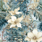 cream floral, dusty blue, sage green, teal leaves, ivory flowers, soft botanical, elegant floral, traditional pattern, vintage botanical, nature theme, berry clusters, delicate petals, timeless design, romantic style, classic florals, white dogwood, muted tones, garden flowers, spring florals, summer botanical, soft natural, refined elegance, heritage design, botanical illustration, cream and blue, multi-layered florals, decorative foliage, peaceful nature, sophisticated pattern
