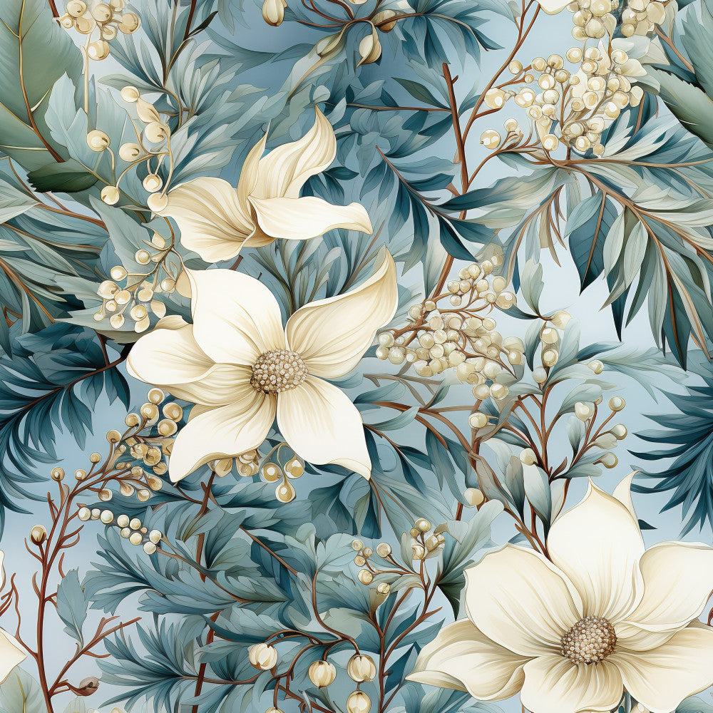 cream floral, dusty blue, sage green, teal leaves, ivory flowers, soft botanical, elegant floral, traditional pattern, vintage botanical, nature theme, berry clusters, delicate petals, timeless design, romantic style, classic florals, white dogwood, muted tones, garden flowers, spring florals, summer botanical, soft natural, refined elegance, heritage design, botanical illustration, cream and blue, multi-layered florals, decorative foliage, peaceful nature, sophisticated pattern