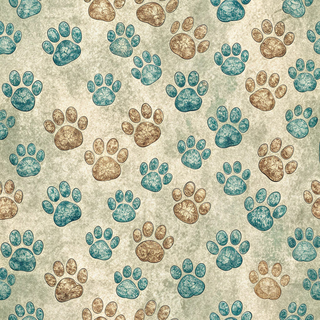 dog paws, paw prints, teal, turquoise, brown, beige, cream background, animal tracks, pet themed, scattered pattern,, fabric panel, distressed texture, vintage style, crackled finish, alternating colors, random placement, canine motif, crafting material, sewing fabric