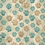 dog paws, paw prints, teal, turquoise, brown, beige, cream background, animal tracks, pet themed, scattered pattern,, fabric panel, distressed texture, vintage style, crackled finish, alternating colors, random placement, canine motif, crafting material, sewing fabric