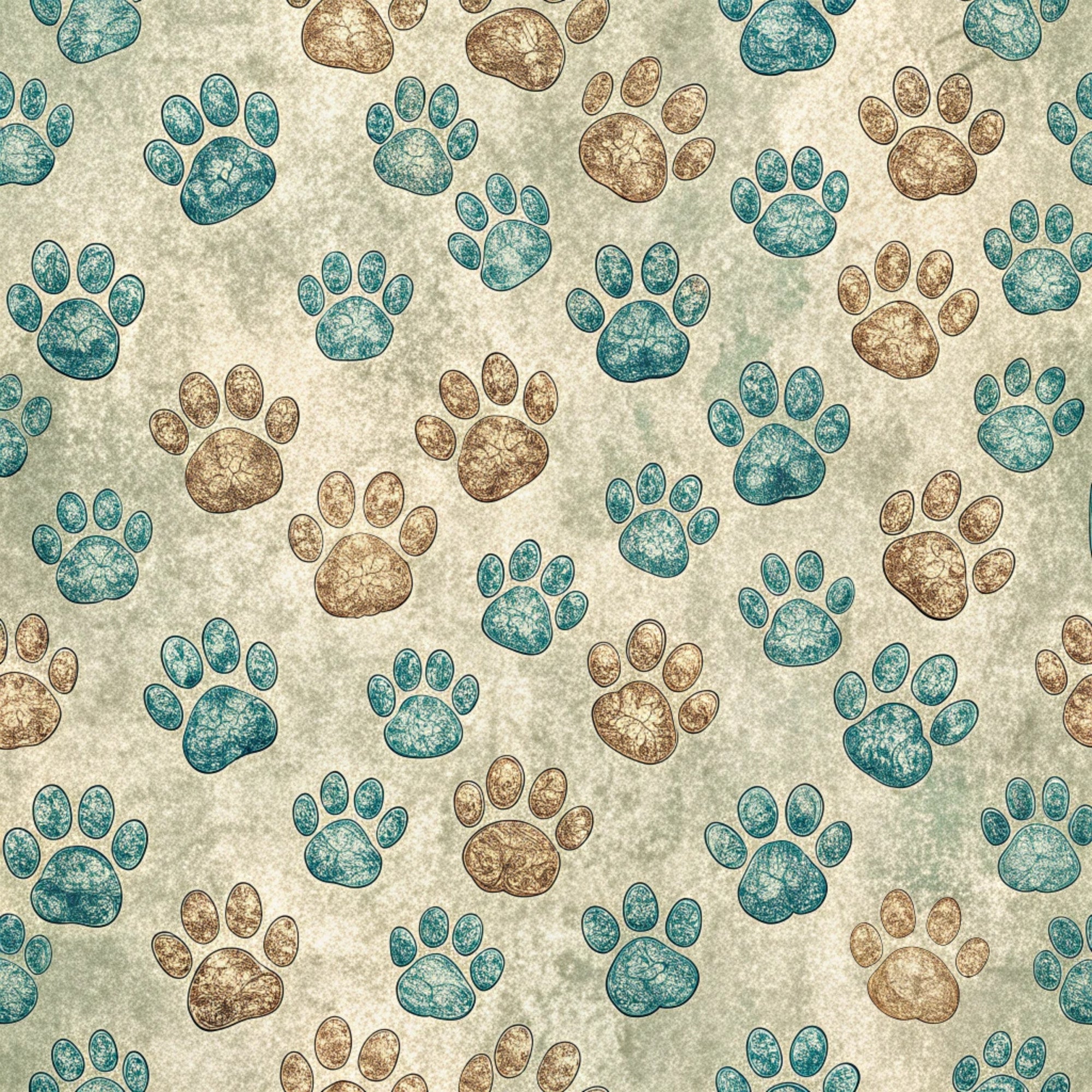 dog paws, paw prints, teal, turquoise, brown, beige, cream background, animal tracks, pet themed, scattered pattern,, fabric panel, distressed texture, vintage style, crackled finish, alternating colors, random placement, canine motif, crafting material, sewing fabric