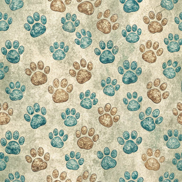 dog paws, paw prints, teal, turquoise, brown, beige, cream background, animal tracks, pet themed, scattered pattern,, fabric panel, distressed texture, vintage style, crackled finish, alternating colors, random placement, canine motif, crafting material, sewing fabric