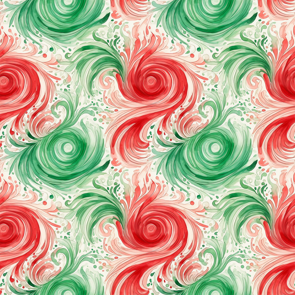 watercolor, christmas swirls, red, green, cream, spiral patterns, flowing design, holiday fabric,, fabric panel, festive colors, circular motifs, whimsical swirls, seasonal pattern, abstract design, coral pink, sage green, decorative swirls, winter theme, holiday crafting