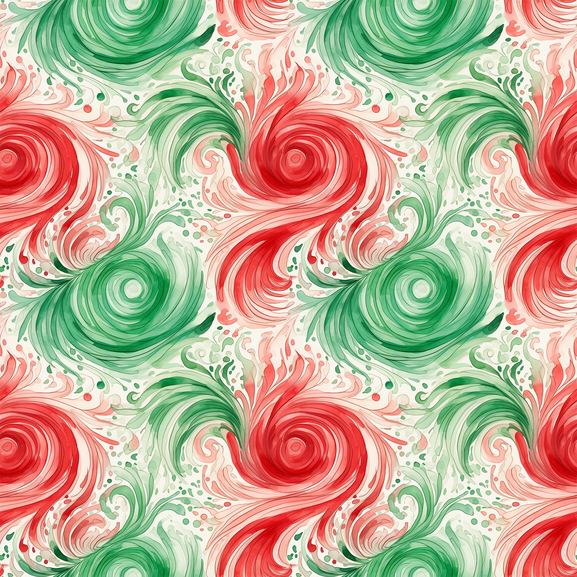watercolor, christmas swirls, red, green, cream, spiral patterns, flowing design, holiday fabric,, fabric panel, festive colors, circular motifs, whimsical swirls, seasonal pattern, abstract design, coral pink, sage green, decorative swirls, winter theme, holiday crafting