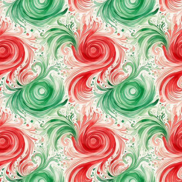 watercolor, christmas swirls, red, green, cream, spiral patterns, flowing design, holiday fabric,, fabric panel, festive colors, circular motifs, whimsical swirls, seasonal pattern, abstract design, coral pink, sage green, decorative swirls, winter theme, holiday crafting