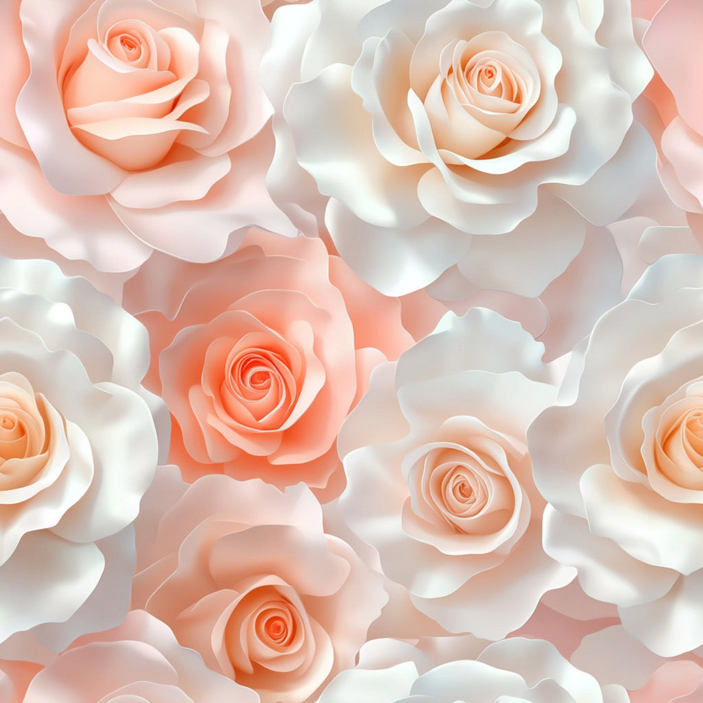 peach roses, white roses, coral pink, soft pastels, realistic flowers, blooming roses, floral pattern, romantic design, delicate petals,, fabric panel, layered blooms, garden roses, dreamy aesthetic, wedding florals, spring flowers, seamless repeat, botanical print, rose bouquet, feminine motif