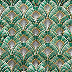 emerald green, gold accents, art deco, fan pattern, geometric design, scalloped motifs, repeating pattern, luxurious, vintage style,, fabric panel, radiating lines, ornamental, sophisticated, 1920s inspired, decorative arches, metallic highlights, elegant motifs