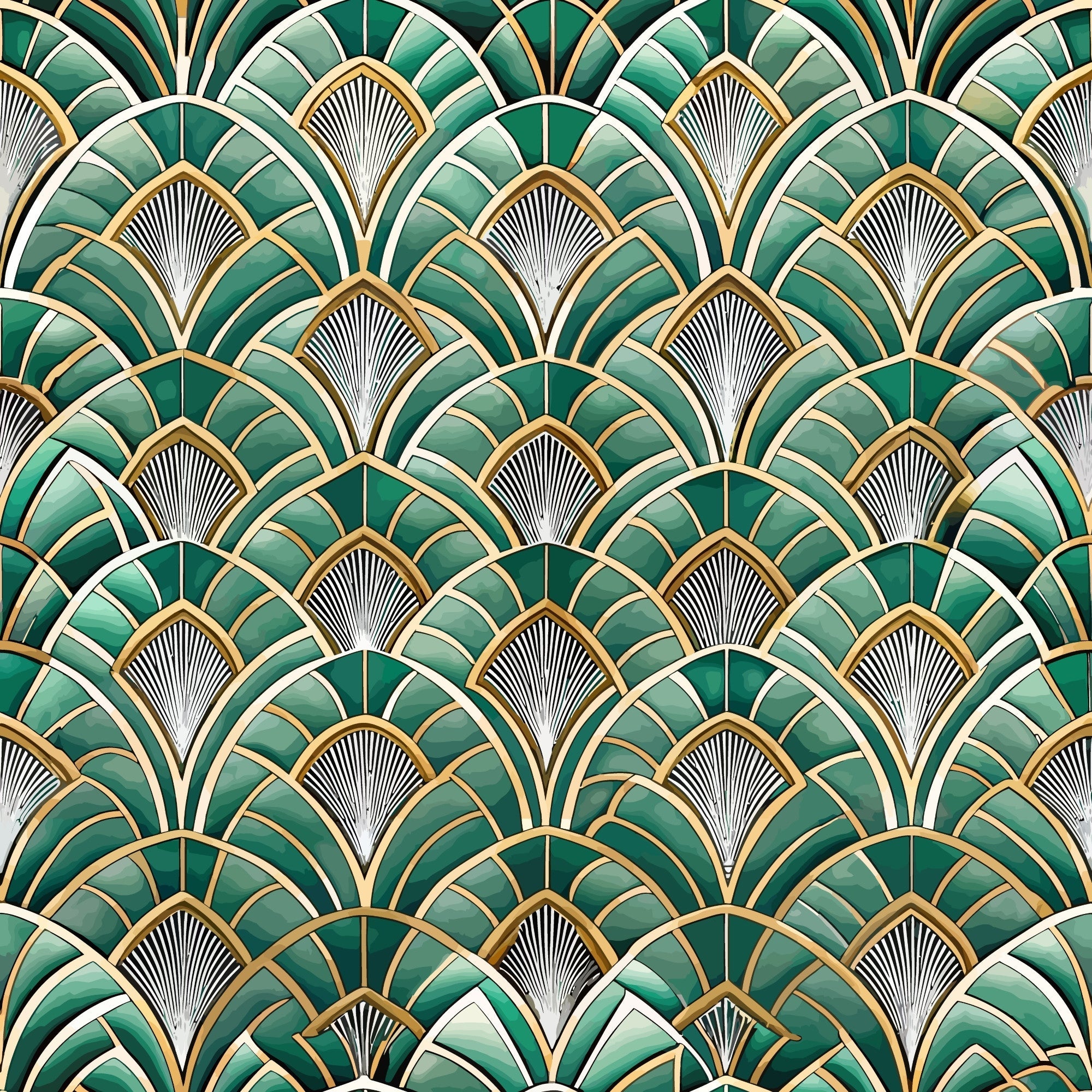 emerald green, gold accents, art deco, fan pattern, geometric design, scalloped motifs, repeating pattern, luxurious, vintage style,, fabric panel, radiating lines, ornamental, sophisticated, 1920s inspired, decorative arches, metallic highlights, elegant motifs