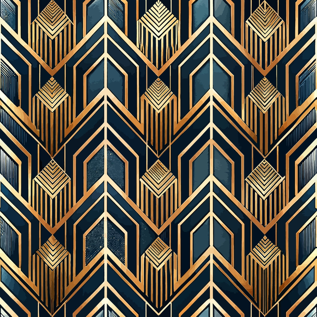 art deco, geometric pattern, navy blue, gold, copper, bronze, chevron design, arrow motifs, diamond shapes, striped details, angular lines, vintage style, luxurious, metallic accents, repetitive pattern, architectural inspired,, fabric panel, sophisticated, 1920s style