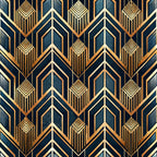 art deco, geometric pattern, navy blue, gold, copper, bronze, chevron design, arrow motifs, diamond shapes, striped details, angular lines, vintage style, luxurious, metallic accents, repetitive pattern, architectural inspired,, fabric panel, sophisticated, 1920s style