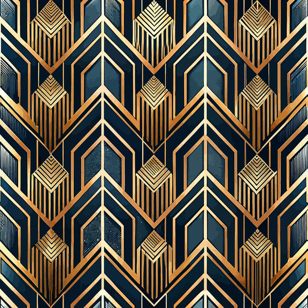art deco, geometric pattern, navy blue, gold, copper, bronze, chevron design, arrow motifs, diamond shapes, striped details, angular lines, vintage style, luxurious, metallic accents, repetitive pattern, architectural inspired,, fabric panel, sophisticated, 1920s style