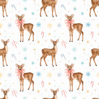 deer, winter, holiday, christmas, festive, snowflakes, candy canes, pastel pink, tan, brown, teal blue, gold, coral pink, whimsical, cute, animals, nature, kids room, nursery, playroom, baby shower, elegant, soft, gentle, bow, star motifs, seasonal, december, magical